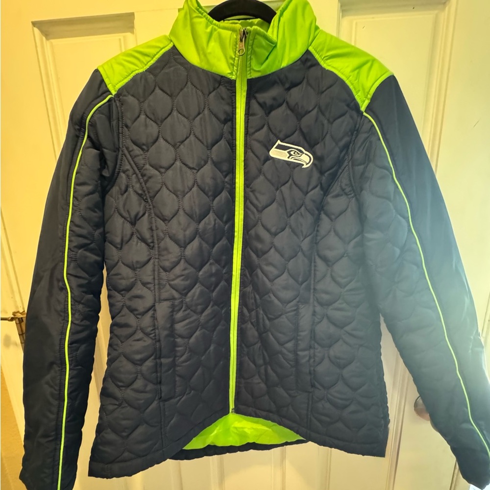 NFL Women's Quilted Puffer Jacket - Dark Blue and Bright Green